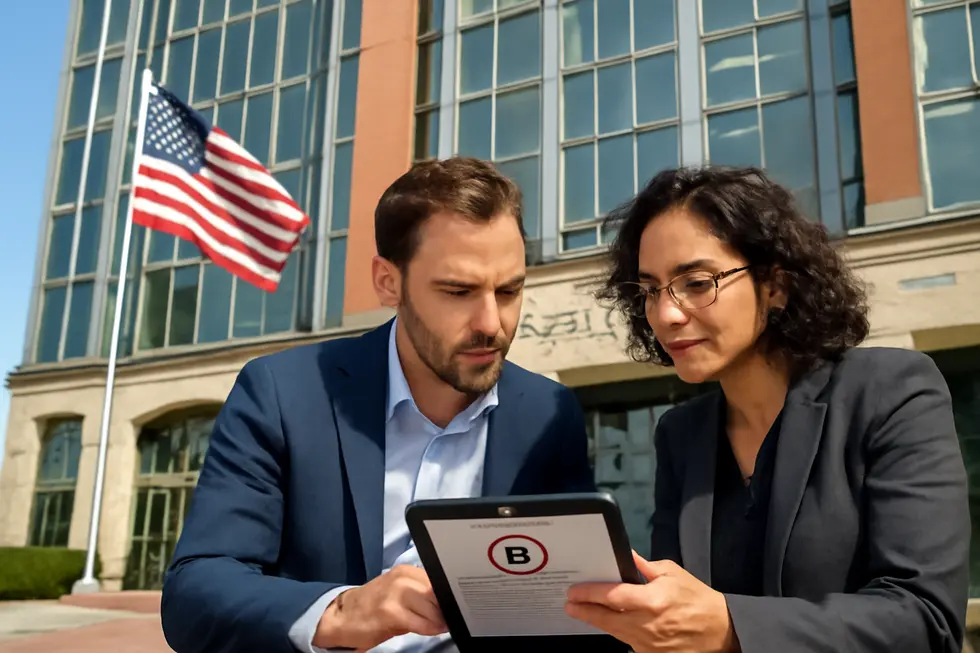 The USPTO building and a business owner engaging in trademark registration highlight federal-level brand protection.