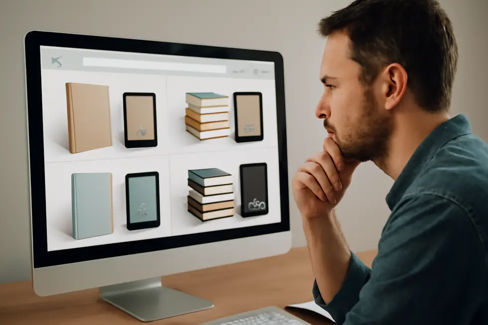 Business owner assessing copyright documents alongside various creative works, illustrating core legal protections.