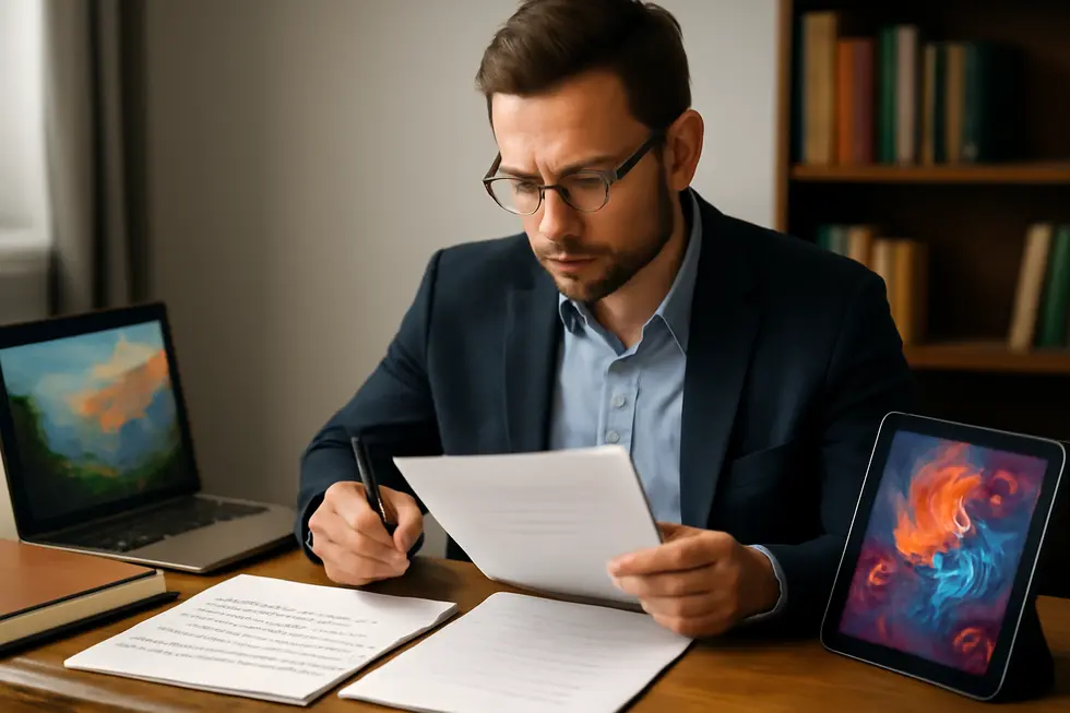 Business owner assessing copyright documents alongside various creative works, illustrating core legal protections.