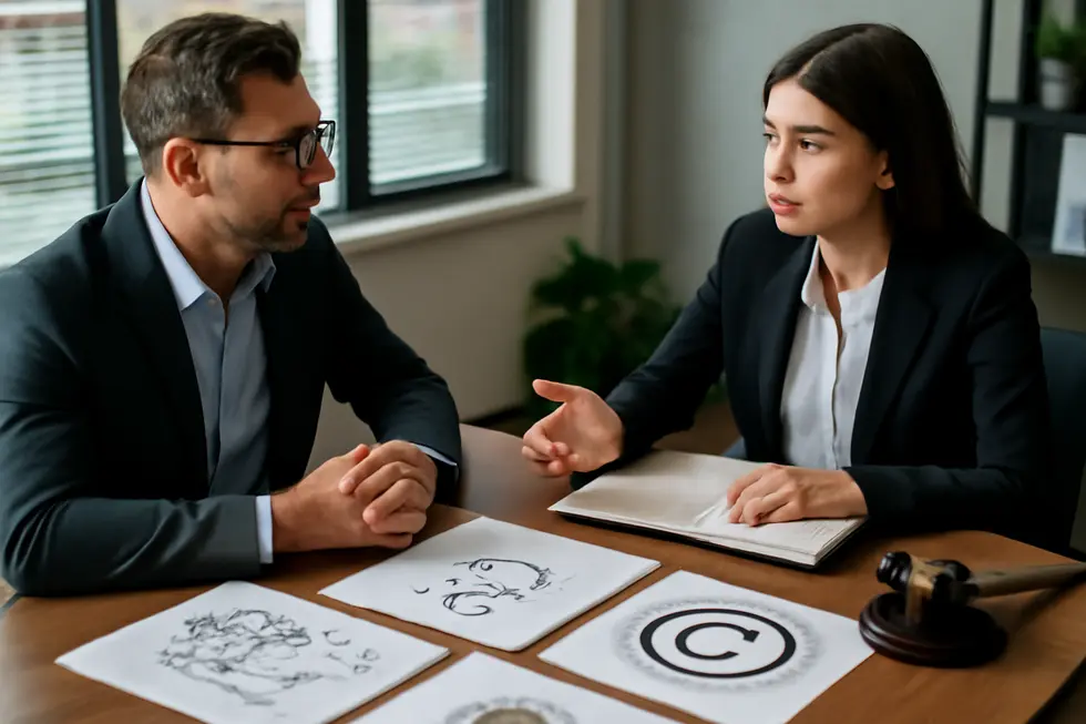 A business owner learning about patent and copyright laws from an IP attorney, highlighting the foundational legal framework.