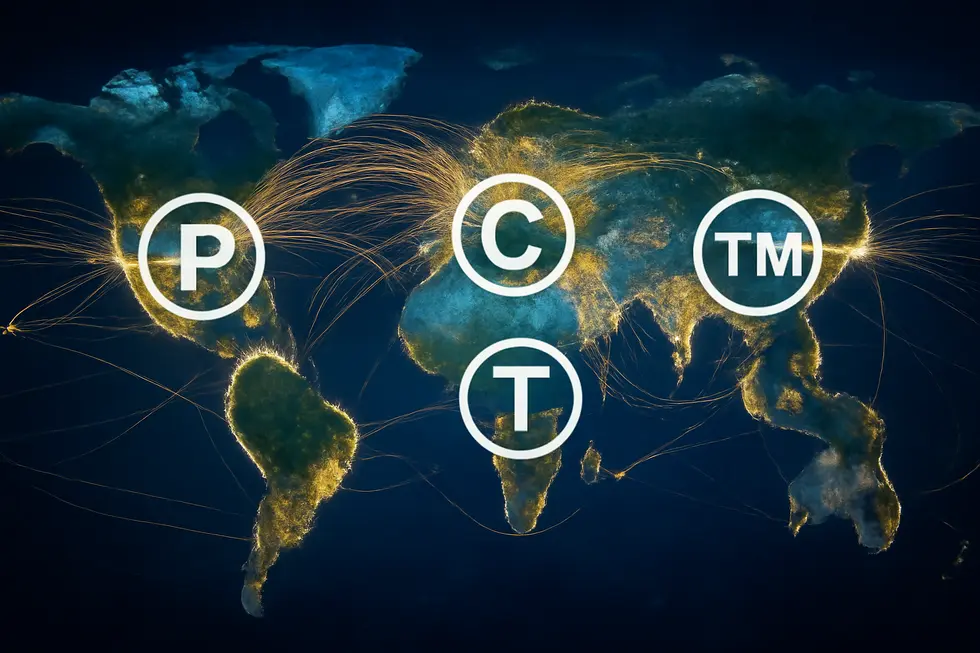 Visual breakdown of patents, copyrights, and trademarks as fundamental intellectual property rights.