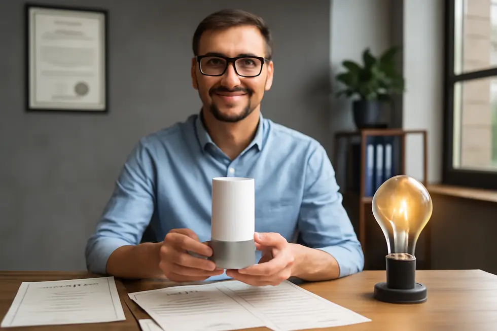 Business owner showcasing a new invention protected by patent rights, symbolizing innovation promotion.