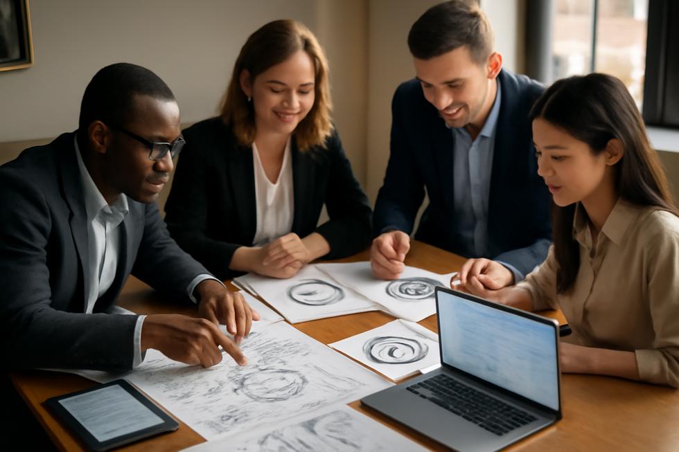 Group of business owners reviewing patent plans, trademarks, copyrights, and online filing portals in a bright modern office.