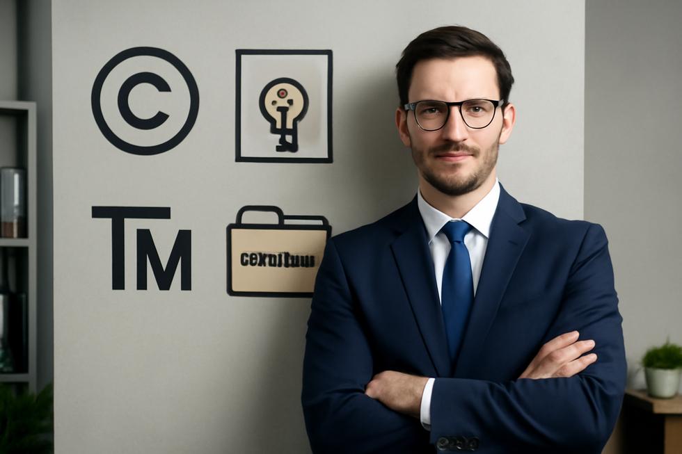 Business owner standing in a modern office surrounded by icons representing various intellectual property rights protections.