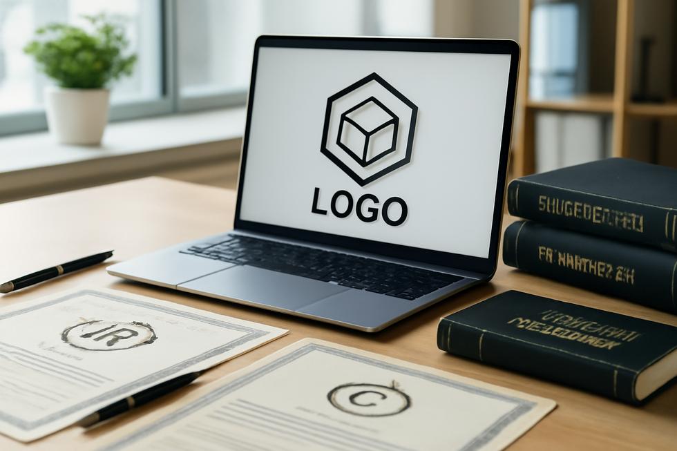 Modern workspace with a laptop showing a logo design alongside trademark and copyright certificates on a desk.
