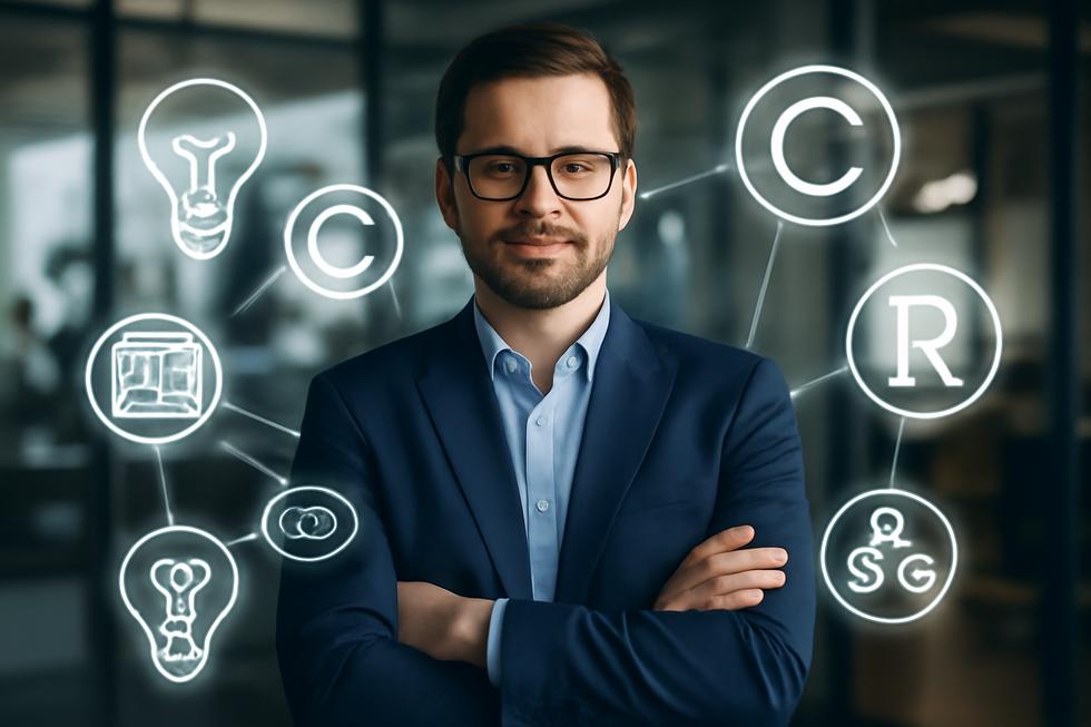 Photo-realistic image of a business leader in an office with icons representing patents, copyrights, and trademarks interconnected.