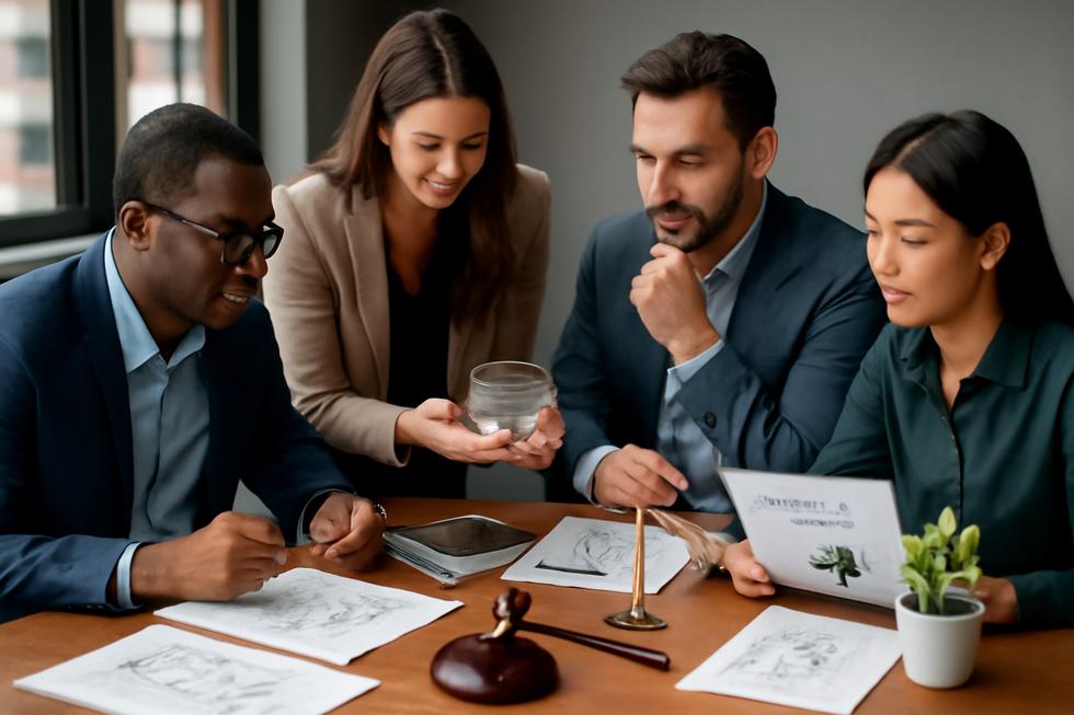 Group of business professionals reviewing patent documents with prototypes and legal symbols in a modern office setting.