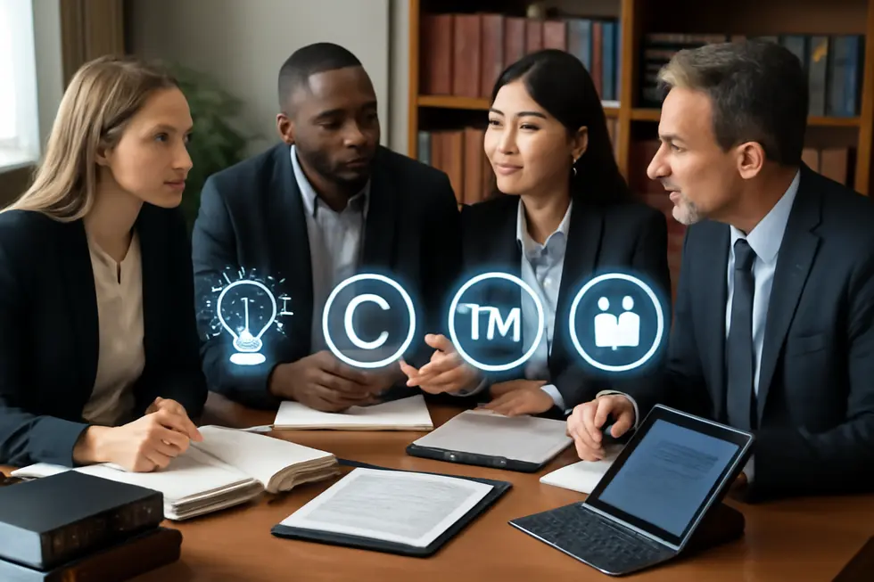 Business professionals reviewing foundational intellectual property legal frameworks to protect their innovations.