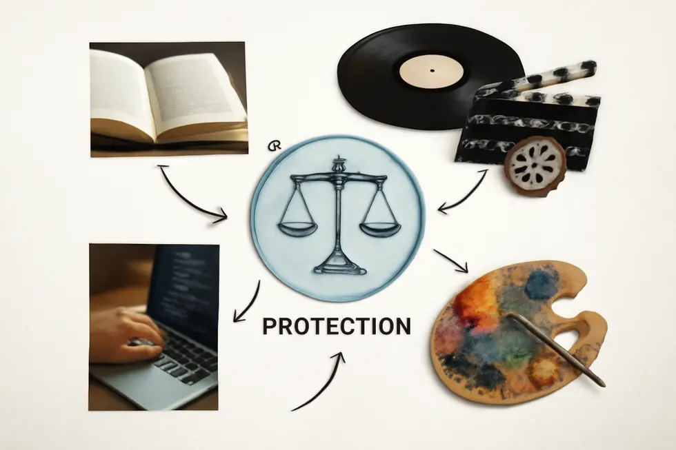 Visual representation of intellectual property categories highlighting the connection between IP and copyrights.