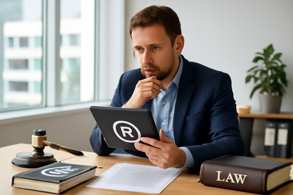 Photo of a person at a desk in a modern office looking at a digital tablet with trademark documents and symbols visible.