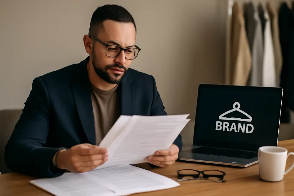 A business owner conducting a thorough trademark search and preparing application materials to register a clothing brand.