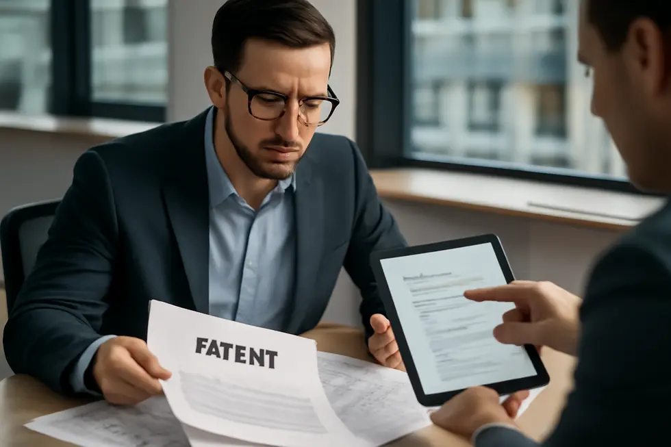 Business owner reviews patent documents highlighting legal requirements like novelty and utility.