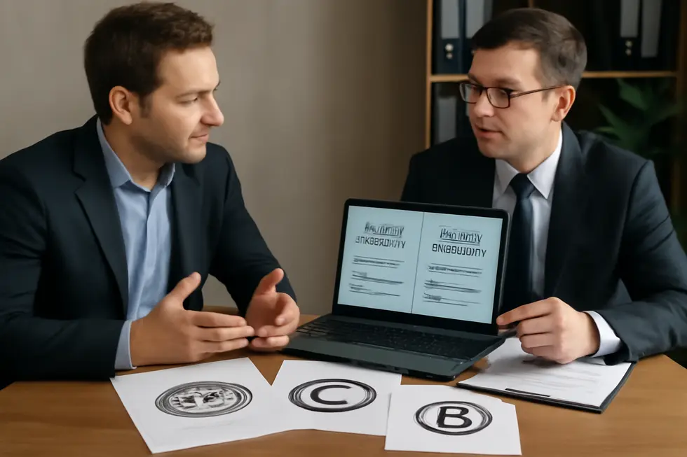 Visual breakdown of patents, copyrights, and trademarks as fundamental intellectual property rights.