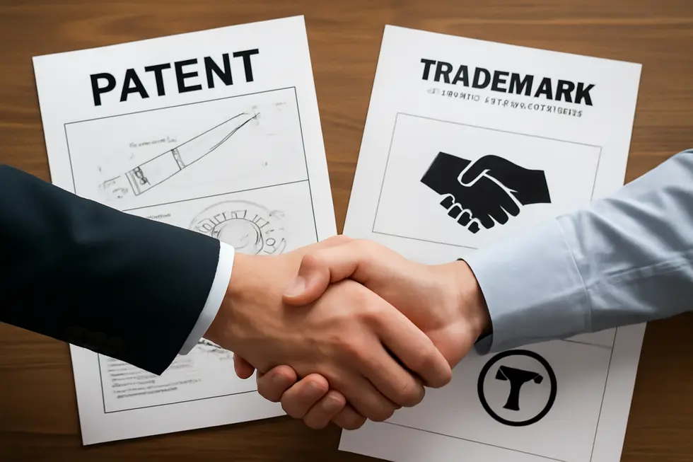 Illustration contrasting patents as inventions and trademarks as brand identifiers for business protection.