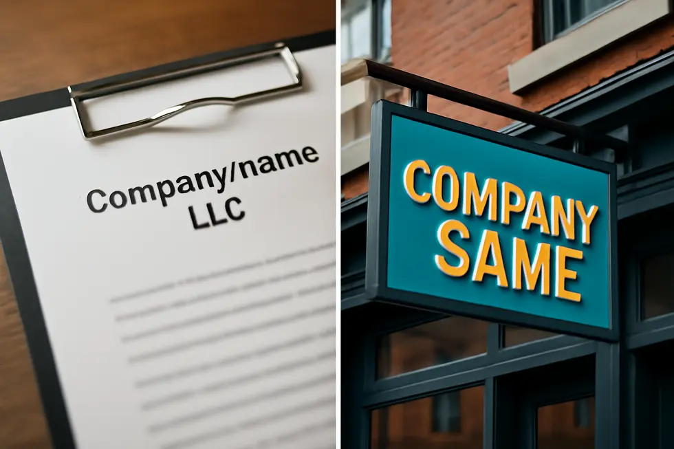 Illustration contrasting the formal legal business name with the public-facing trade name.