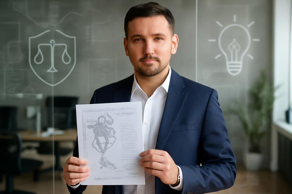 Business owner holding patent documents in a modern office, symbolizing innovation protection through legal patents.