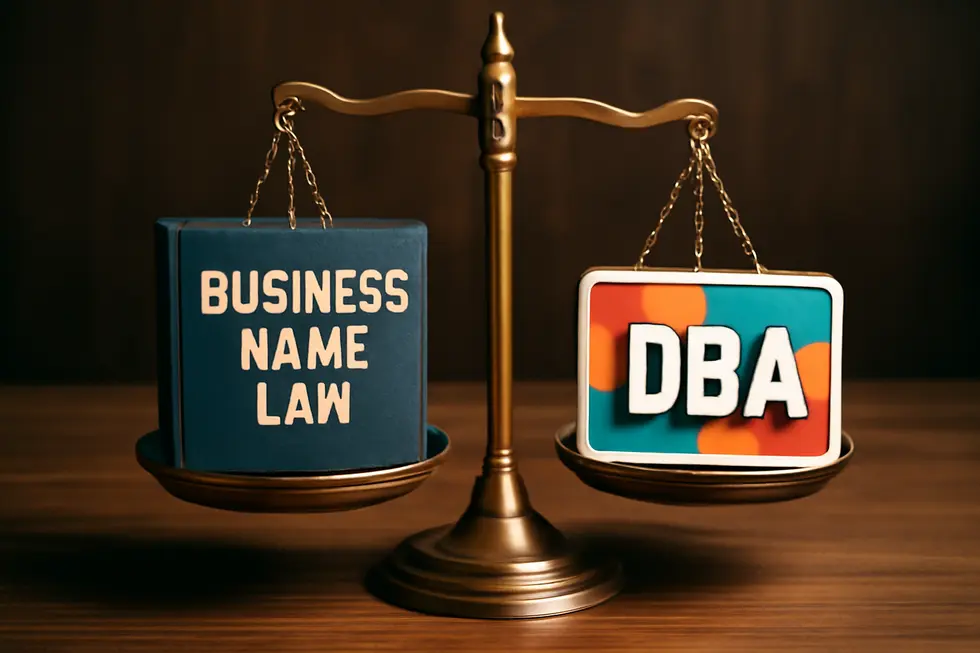 Illustration contrasting the formal legal business name with the public-facing trade name.
