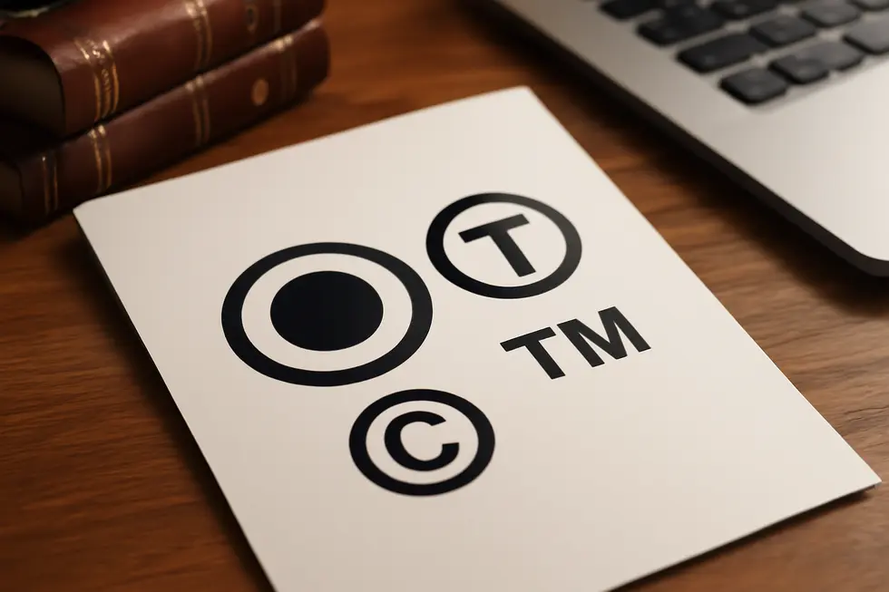 Business owner reviewing trademark registrations to protect intellectual property logos as brand identifiers.