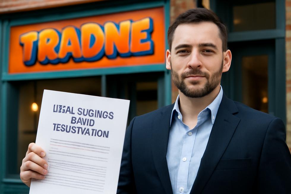 Business owner holding paperwork marked legal business name beside a storefront with a trade name sign.