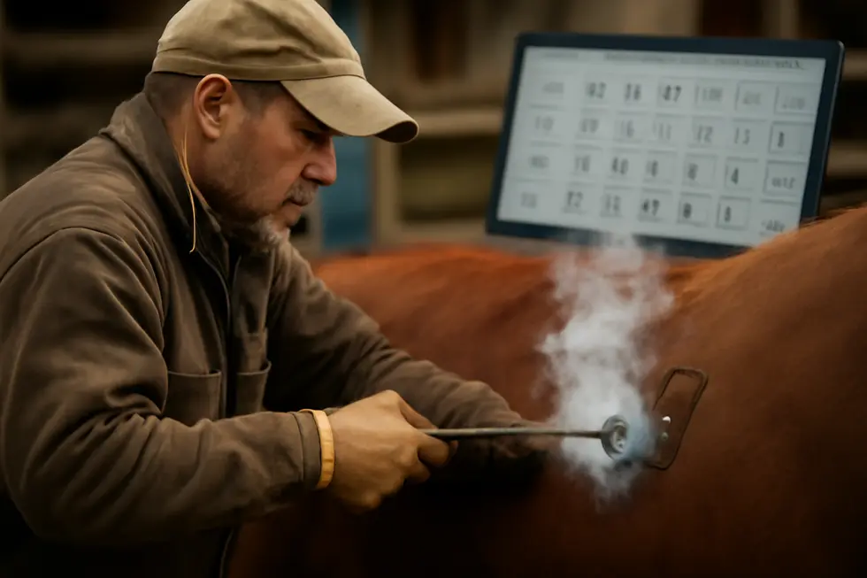 A rancher applying a registered cattle brand alongside digital brand registry records illustrating the legal framework for livestock ownership.