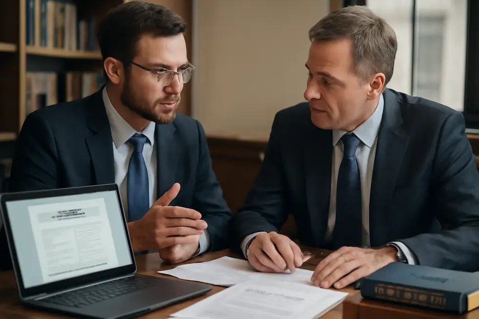 Patent attorney advising a business owner on the legal frameworks governing patents and intellectual property rights.