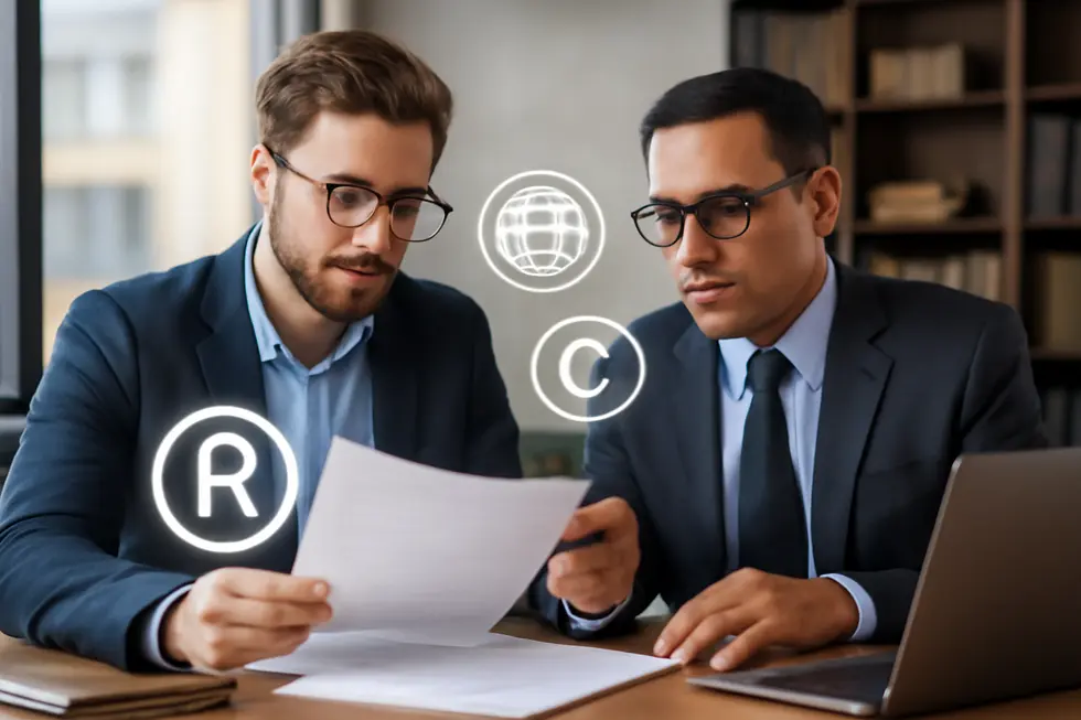 A business owner securing their brand through legal registration with expert guidance and trademark documents.