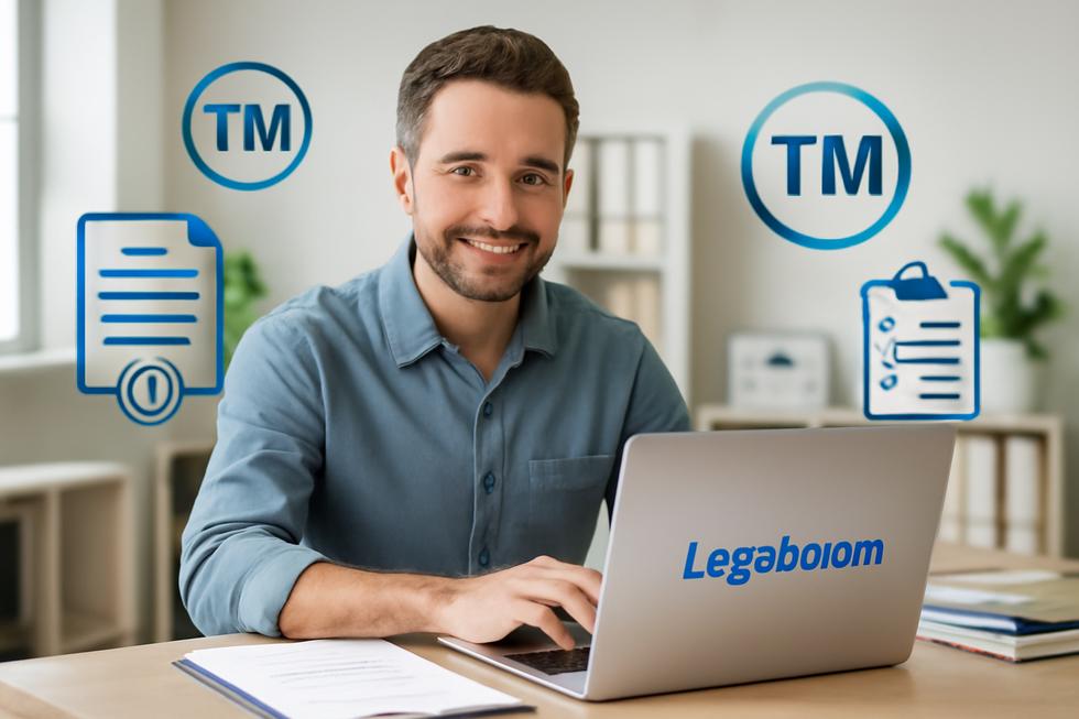 Small business owner at a desk using a computer with LegalZoom's trademark service interface and intellectual property icons.
