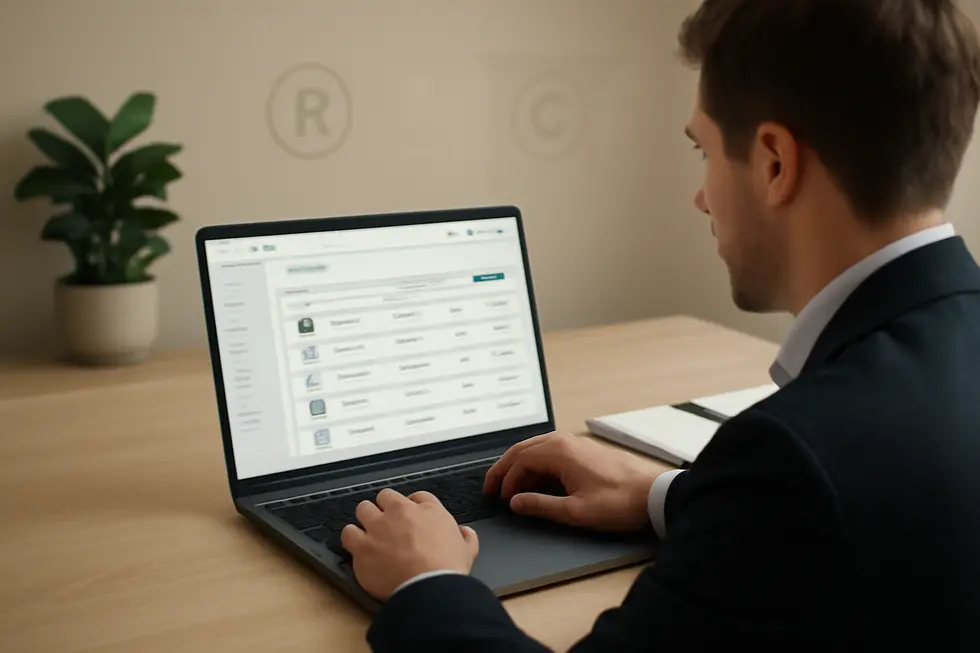 Business owner confidently using Trademarkia’s platform for a trademark search, illustrating trustworthiness.