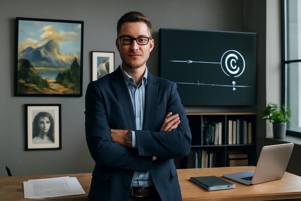Business owner in an office with creative works and copyright timeline graphics representing intellectual property management.