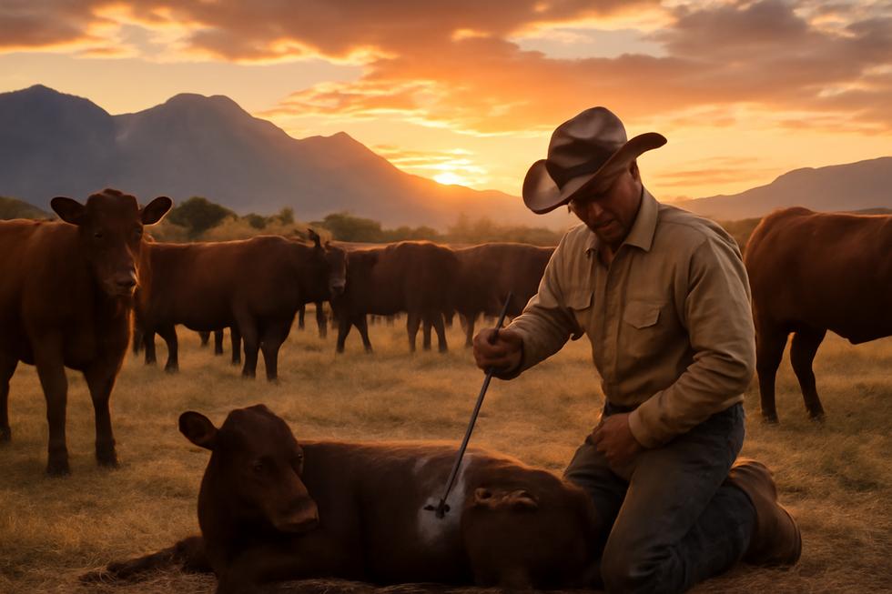 Rancher branding a calf on a western ranch with cattle and mountains in the background at sunset.