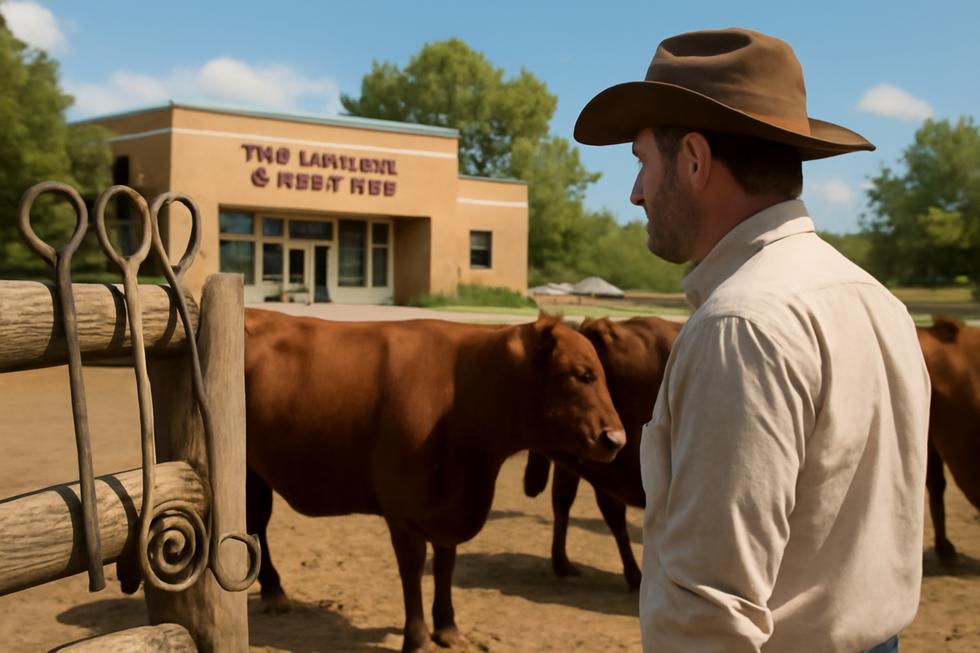 Livestock farmer inspecting cattle with visible brands and branding irons near a state agriculture administration building.