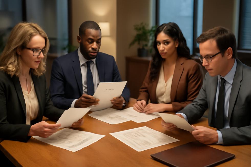 Group of business professionals in an office reviewing trademark certificates and LLC documents together.
