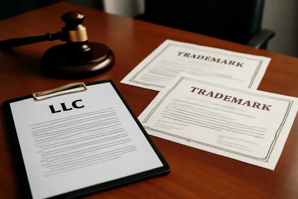 Visual representation of an LLC holding trademark ownership documents emphasizing legal and practical aspects.