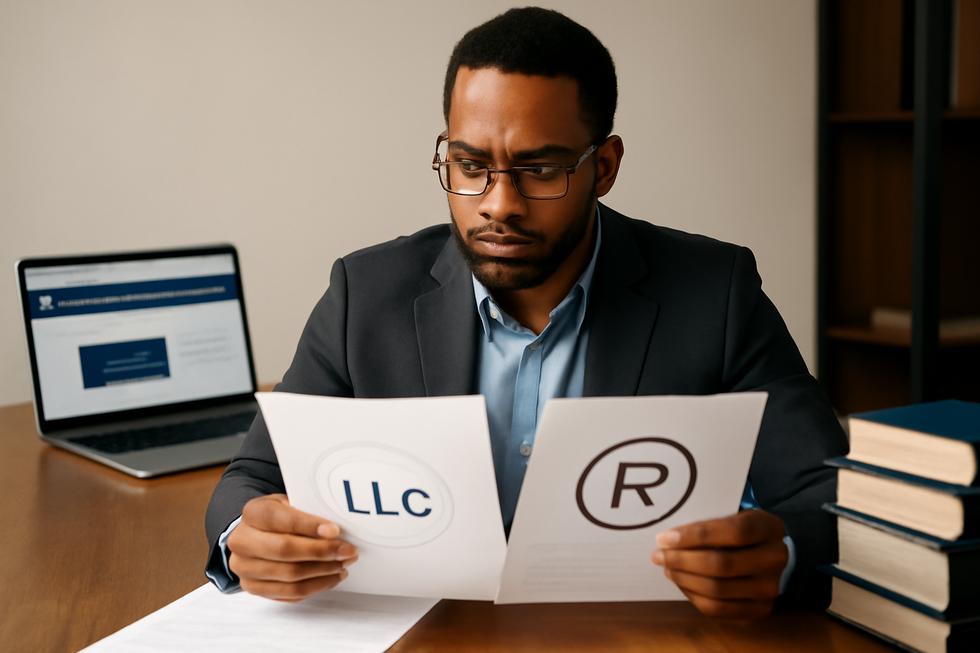 Business owner reviewing LLC and trademark documents with laptop showing trademark website in a professional office.