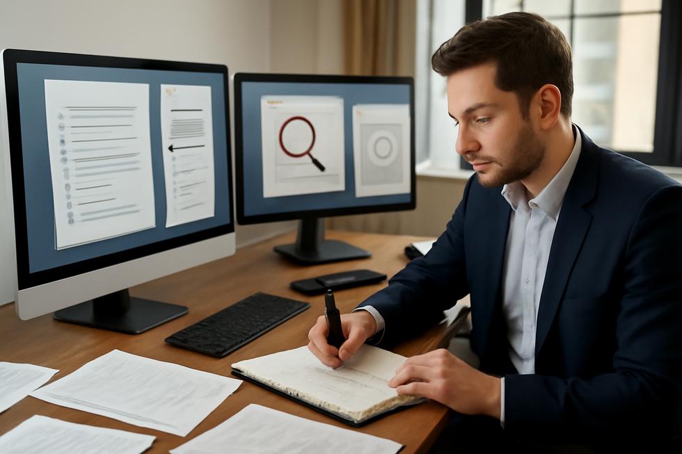 Workspace with entrepreneur using multiple digital tools and paperwork to secure an LLC business name.