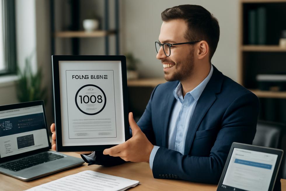Business owner viewing framed copyright certificate with supporting legal documents and websites in the background.