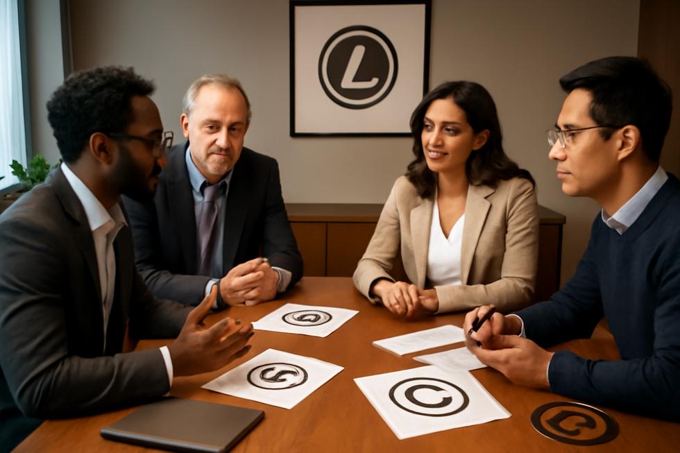 Business team gathered around a table with logo designs and legal symbols visually representing logo rights protection.