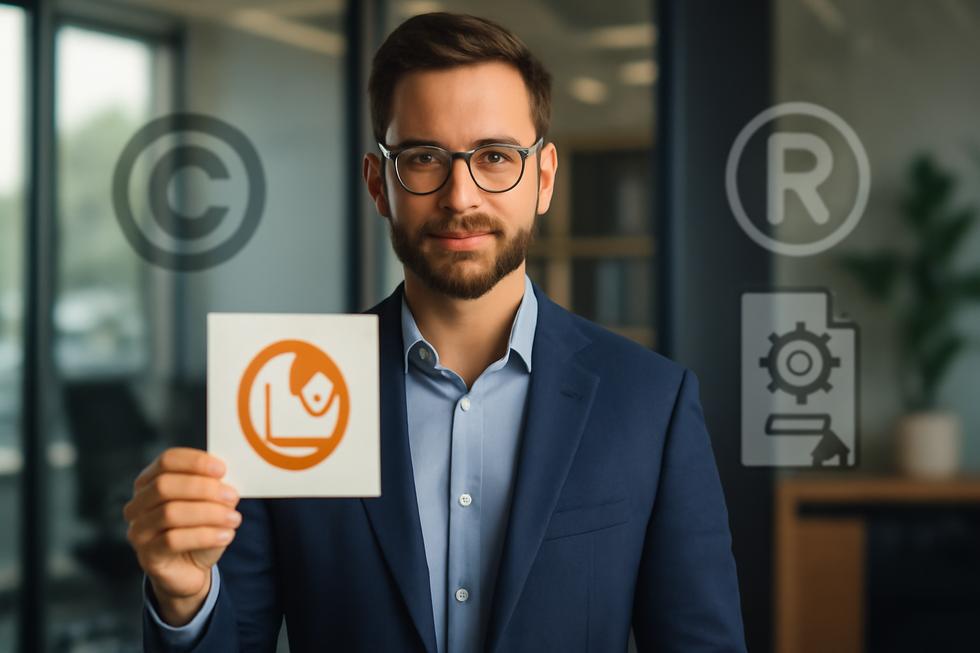 Business owner holding logo design with icons of copyright, trademark, and design patents indicating protection.