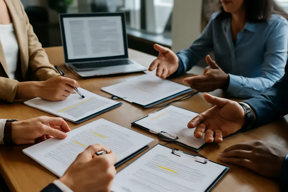 Business professionals reviewing foundational intellectual property legal frameworks to protect their innovations.