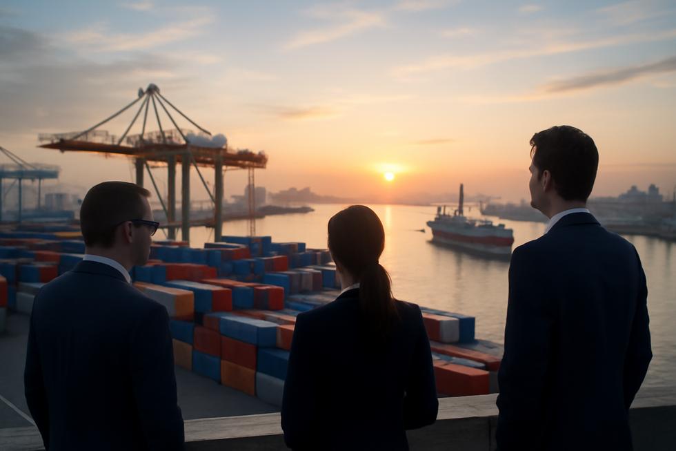 Business professionals overlooking a modern commercial harbour with ships and containers at dawn.