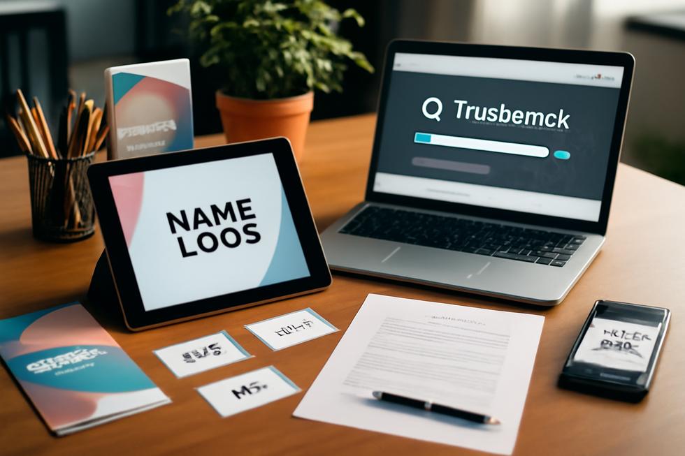 Desk with digital logos, printed branding materials, and trademark documents illustrating name-in-logo business branding.