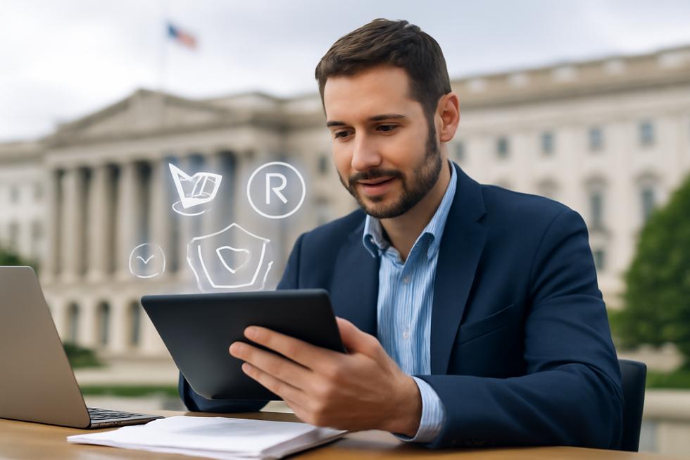 Business owner with a tablet viewing trademark documents with federal building and digital brand protection icons in the background