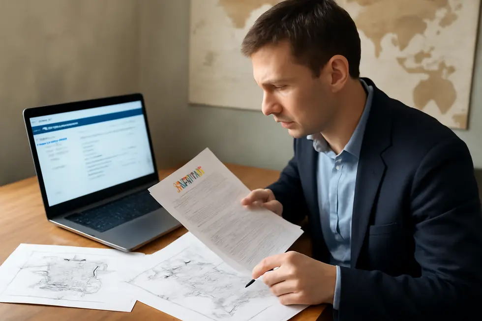 A business owner navigating patent application documents and the USPTO electronic filing system, illustrating the steps and international scope of patent filing.