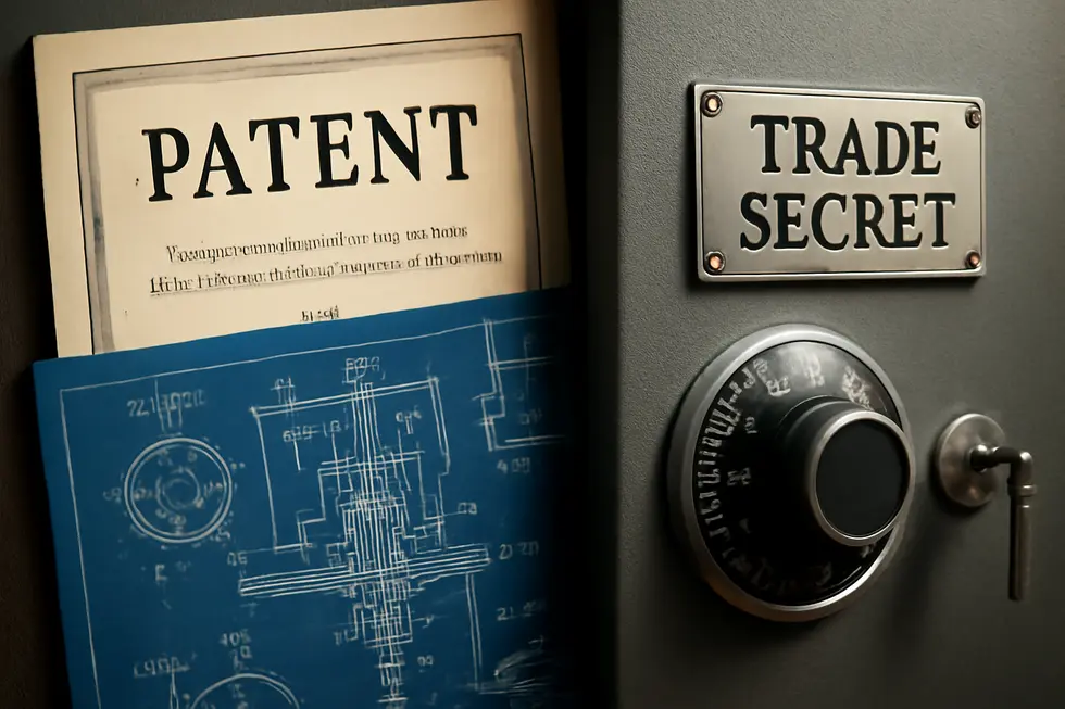 Business owner reviews patent documents highlighting legal requirements like novelty and utility.