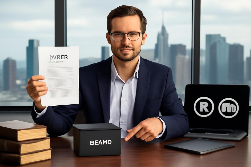 Photorealistic image of a businessperson holding a patent certificate and pointing to a branded product, surrounded by IP-related materials and a city skyline.