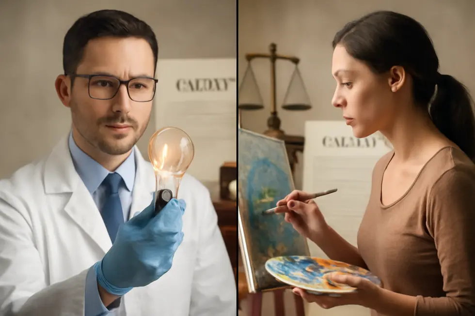 Visual highlight of the fundamental legal differences between patents and copyrights with symbolic representations.