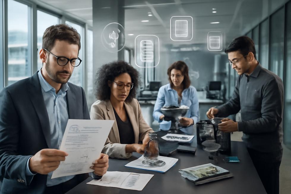 Business innovation center with entrepreneurs, inventions, and patent documents illustrating patents as key intellectual property tools.