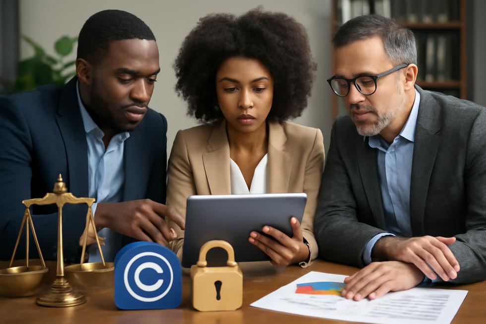 Diverse business team collaborating with digital copyright symbols and creative content.