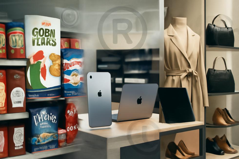 A collage of trademarked food, electronics, and fashion products with trademark symbols and legal imagery in a professional setting.