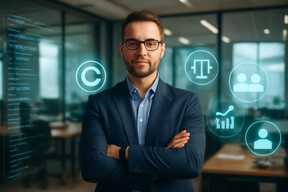 A business owner in a modern office with holographic overlays of software code, legal scales, economic charts, and social symbols illustrating program copyright.